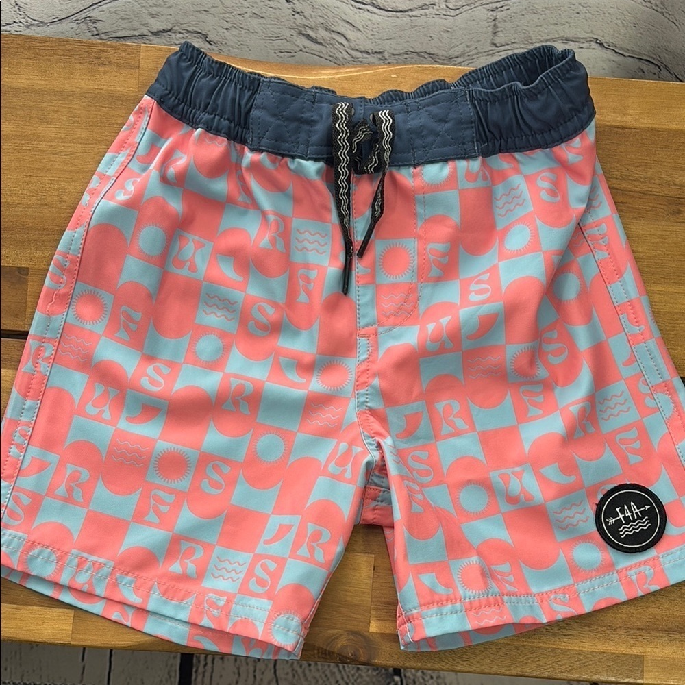 Pink and Blue Geometric Pattern Swimsuit with Elastic Waistband